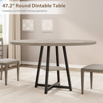GAOMON Industrial Round Dining Table, 47 Inch Round Kitchen Table for 4, Dinner Table with Wooden Top and Metal Base for Dining Room, Living Room (Grey, 47.2 in w/Storage)