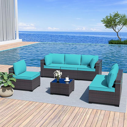 Kurapika 7 Pieces Patio Furniture Set, Rattan Wicker Outdoor Conversation Sets w/4 Inch Cushion and Glass Coffee Table(Blue)