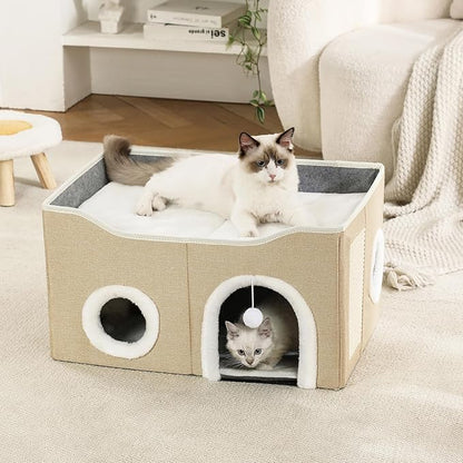 Large Cat Bed for Indoor Cats, Extra Wide Cat Cave House with Scratch Pad and Fluffy Ball, Foldable Cat Hideaway for Kitten Bed, Cat Condo for Cats (Khaki, X-Large)