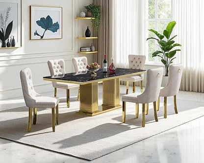 68" Faux Marble Dining Table Set for 6, 7-Piece Dining Set with Black Gold Kitchen Table and 6 Velvet Tufted Chairs, Modern Rectangular Dining Room Tables with Column-Shape Stainless Steel Base