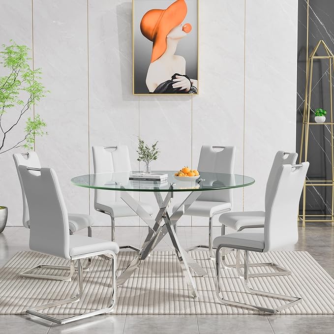 Goujxcy Round Dining Table Set for 6, Modern Glass Kitchen Table and Chairs Set of 6, 7 Piece Dining Room Table Set with 47" Circle Silver Metal Glass Dinner Table and 6 White Leather Dining Chairs