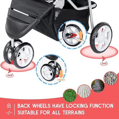 ZENY Foldable Pet Stroller, Cat/Dog Stroller with 3 Wheel, Pet Strolling Cart, Dog Travel Carrier with Storage Basket + Cup Holder, Black