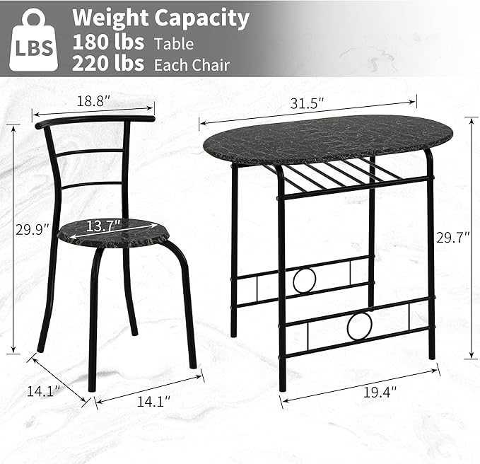 VECELO 3-Piece Dining Table Set for Kitchen Breakfast Nook, Wood Grain Oval Tabletop and Metal Frame with Built-in Wine Rack, for Small Spaces, Faux Marble & Black