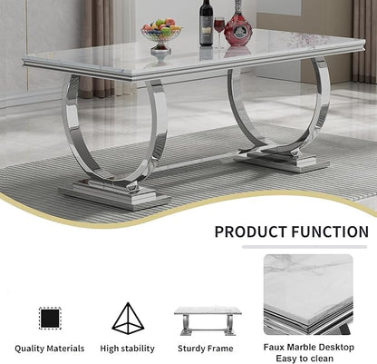 Goujxcy 68" Faux Marble Dining Table Set for 6, 7-Piece Dining Set with White Silver Kitchen Table and 6 Velvet Tufted Chairs, Modern Rectangular Dining Room Table with O-Shape Stainless Steel Base