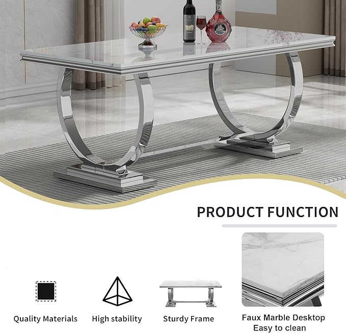 Goujxcy 7 Piece Marble Dining Table Set for 6, Luxury 70" White Marble Silver Kitchen Table with 6 Grey Velvet Upholstered Chairs, Modern 6 Person Dining Room Table Set for Kicken Dining Office Room