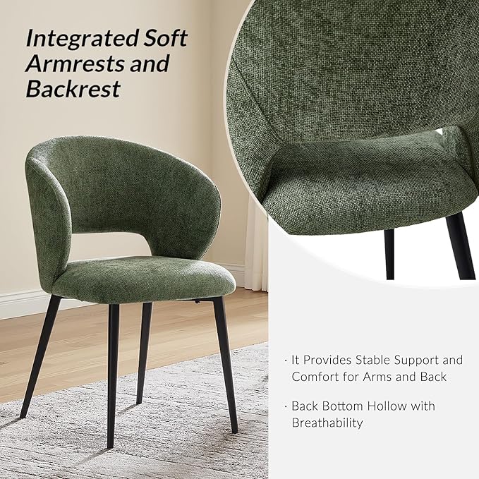 Contemporary Dining Chairs with Armrests – Ergonomic Soft-Padded Seat, Curved Backrest, Matte Black Metal Legs, Comfortable Kitchen & Dining Room Chairs, Set of 6