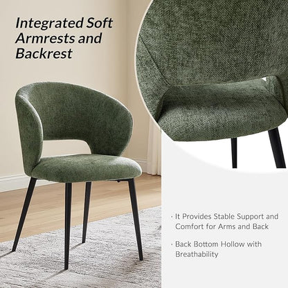 Contemporary Dining Chairs with Armrests – Ergonomic Soft-Padded Seat, Curved Backrest, Matte Black Metal Legs, Comfortable Kitchen & Dining Room Chairs, Set of 6