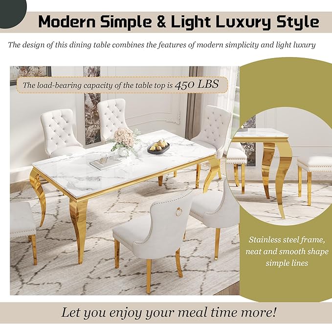 7-Piece Dining Table Set for 6, Faux Marble Dining Table Set with 70'' Marble Dinner Table and 6 Velvet Wing Back Chairs for Kitchen, Dining Room, White & Gold