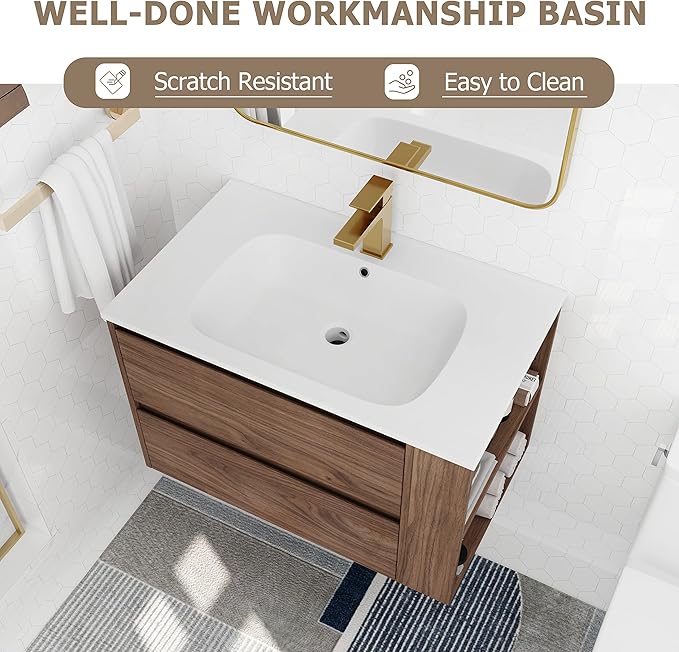 Goujxcy 30" Wall Mounted Bathroom Vanity with Sink, Modern Floating Bathroom Cabinet with White Gel Basin and Storage Drawer/Adjustable Side Shelf, Soft-Closing Door Wood Hanging Bath Room Cabinet