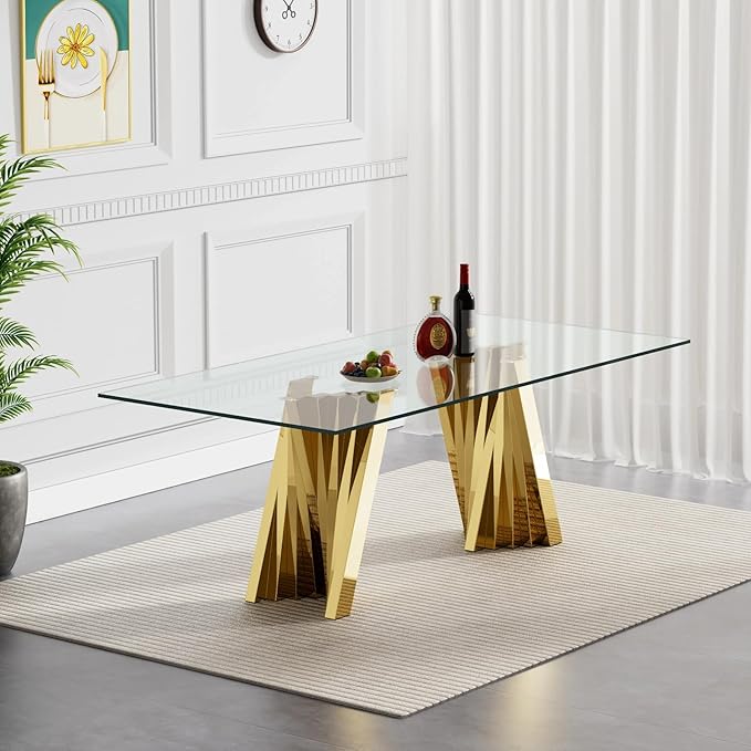 7 Piece Dining Table Set with 6 Blue Dining Chairs, Modern Glass Kitchen Table and Chairs Set for 6, 70" Rectangle Gold Glass Pedestal Dining Room Tables with Flash-Shape Stainless Steel Base