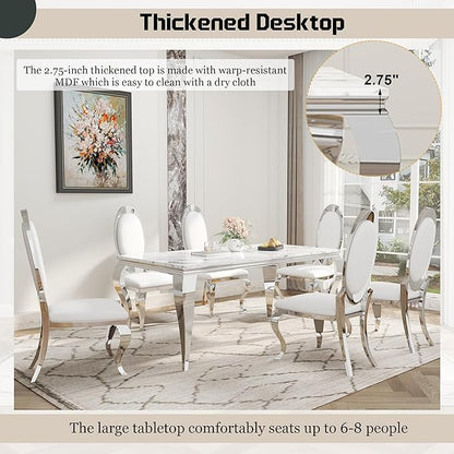 7-Piece Dining Table Set for 6, Faux Marble Modern Dining Table Set with 6 Big Oval Backrest Chairs, 70“ Stainless Steel Legs Table & Chair Set for Kitchen, Dining Room, White & Silver