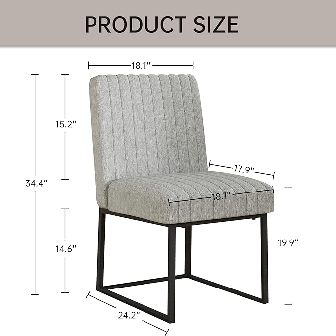 VKNOW Upholstered Dining Chairs Set of 6, Modern Dining Room Chairs with Stripe, Linen Kitchen Chair Dinner Chair with Black Metal Base for Kitchen Office, Light Grey