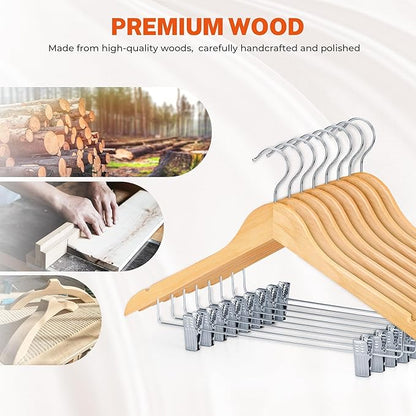 HOUSE DAY Wooden Hangers with Clips 48 Pack,Wooden Suit Hangers Skirt Hangers Solid Wood Pants Hangers Natural Smooth Finish Wood Hangers with Durable Metal Clips for Blouse, Dress, Coat, Jacket