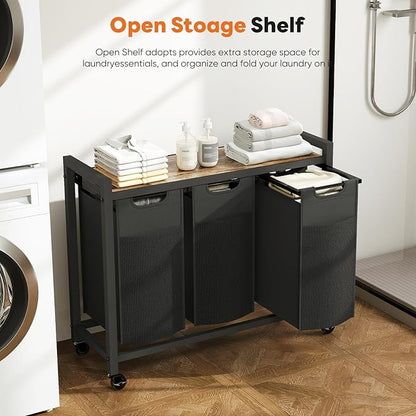 Sweetcrispy Laundry Hamper with 3 Pull-Out Removable Sorter Bags, Movable Wheels, Freestanding Clothes Basket Organizer in Bathroom, 3 × 10.6 Gal (120L) Capacity, Rustic Brown and Black