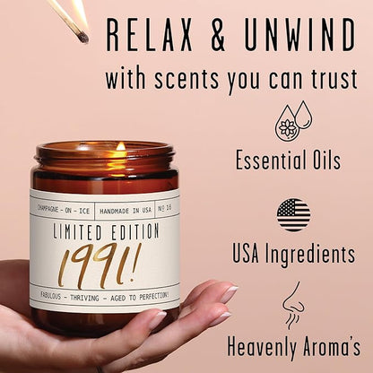 34th Birthday Gifts for Women - 'Limited Edition 1991' Soy Candle, w/Champagne on Ice I 34 Birthday Gifts for Women I 34th Gift for Her Ideas I 9oz Reusable Jar, 50Hr Burn, Made in USA