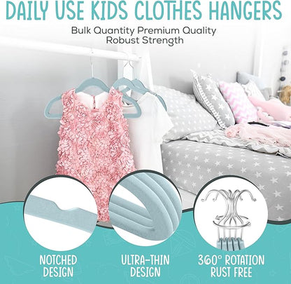50 Premium Kids Velvet Hangers - 14" Non-Slip Ultra Slim Space-Saving Clothes Hangers with 360° Swivel Hook - Strong & Durable Hangers for Children & Preteens Wardrobe - Blue