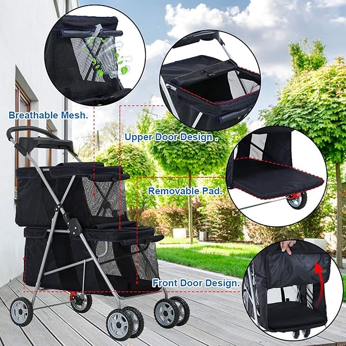 Double Layer Dog Strollers for 2 Small Dogs, 4 Wheels Pet Stroller for Cats/Dogs, Folding Double Decker Jogger Stroller with Removable Liner/Storage Basket/Rear Wheel Break