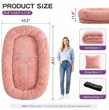 Human Dog Bed with Pillow & Blanket - 71 × 45 × 12 Inch | Oversized Pet Bed for Large Dogs, Leak-Resistant Washable Dog Couch Bed for People and Dogs Soft Long Pet Sofa Pink