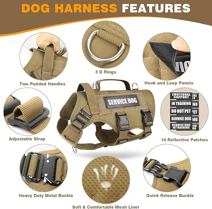 WINSEE Service Dog Vest Harness for Large Dog, Tactical Working MOLLE Vest with 10 Pet Patches, No Pull Heavy Duty Harness for Training Walking