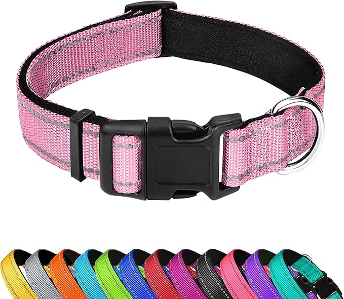 Reflective Dog Collar, Adjustable Soft Neoprene Padded Nylon Pet Collars with Buckle for Medium Dogs, Light Pink,M