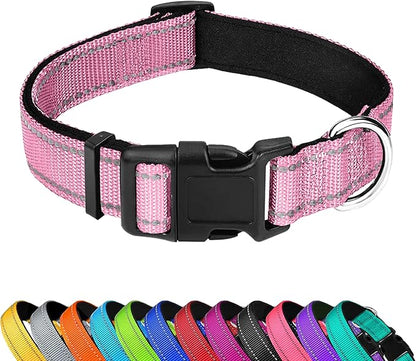 Reflective Dog Collar, Adjustable Soft Neoprene Padded Nylon Pet Collars with Buckle for Medium Dogs, Light Pink,M