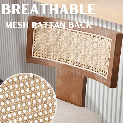 Rattan Dining Chairs Set of 2, Modern Dining Chairs, Kitchen Dining Room Chair, Curved Cane Back Upholstered Linen Fabric Dining Chair with Wood Frame, Beige