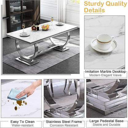 Goujxcy 7 Piece Marble Dining Table Set for 6, Luxury 70" White Marble Silver Kitchen Table with 6 Beige Velvet Upholstered Chairs, Modern 6 Person Dining Room Table Set for Kicken Dining Office Room
