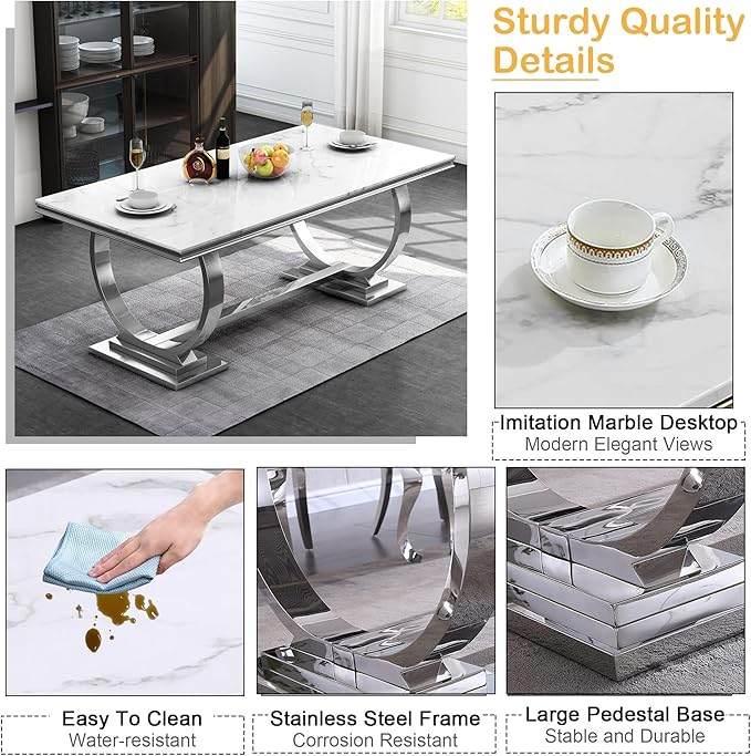 Goujxcy 7 Piece Marble Dining Table Set for 6, Luxury 70" White Marble Silver Kitchen Table with 6 Grey Velvet Upholstered Chairs, Modern 6 Person Dining Room Table Set for Kicken Dining Office Room
