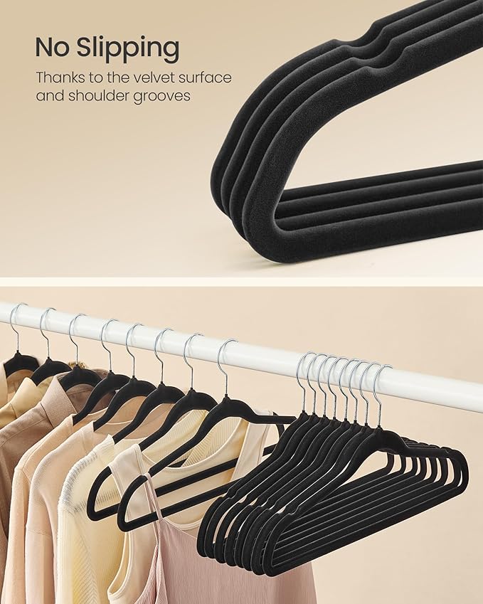SONGMICS Velvet Hangers 100 Pack, Non-Slip Clothes Hangers with Silver-Colored Swivel Hooks, Slim Space-Saving for Closet, Heavy-Duty, Black UCRF026BZ02S