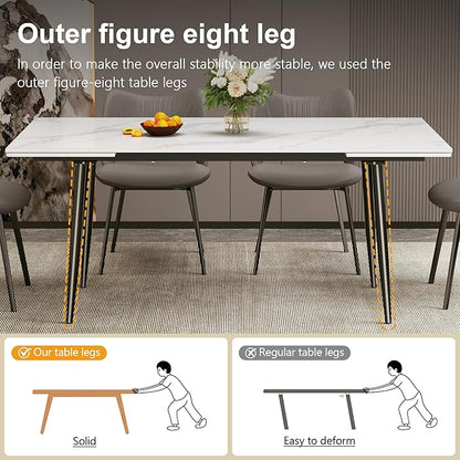 Expandable Rectangular Dining Table (62.9" to 94.4") – Modern White Sintered Stone Top, Adjustable Table for 6 to 10 People for Dining Room Family Gathering