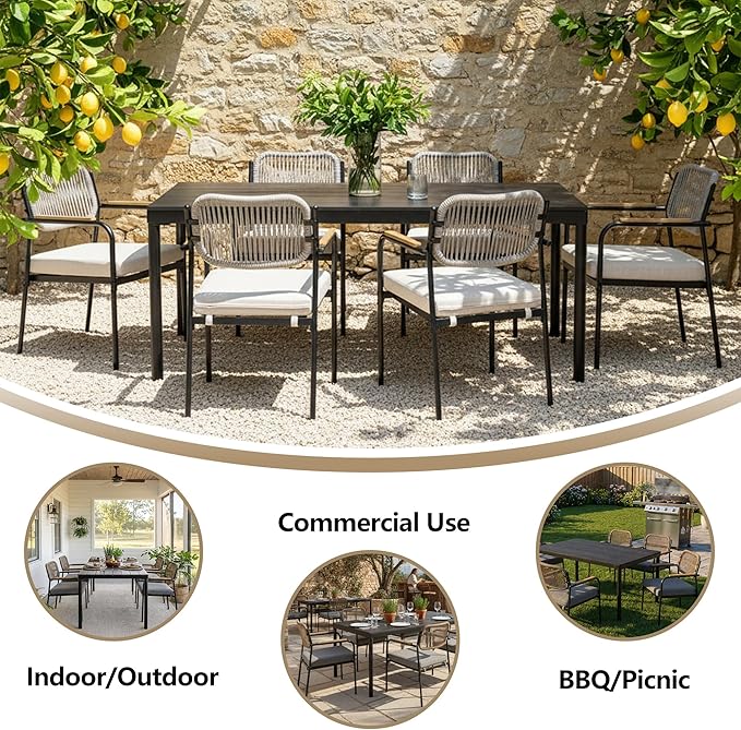 Outdoor Dining Chairs Set of 2, Wicker Patio Dining Chairs with Removable Cushions, Rectangle Patio Table Chair, All Weather Outdoor Chairs, Metal Lawn Chair for Adults/Indoor/Deck, Beige