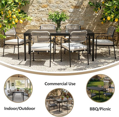 Outdoor Dining Chairs Set of 2, Wicker Patio Dining Chairs with Removable Cushions, Rectangle Patio Table Chair, All Weather Outdoor Chairs, Metal Lawn Chair for Adults/Indoor/Deck, Beige