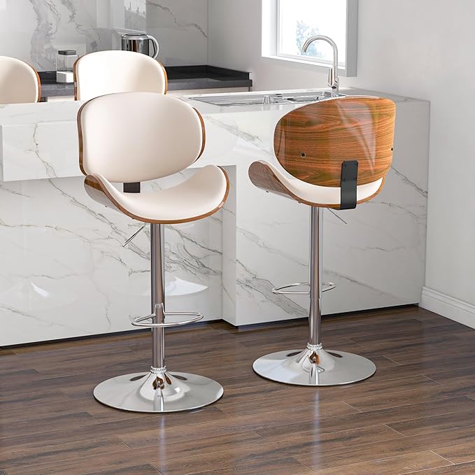 Adjustable Swivel Bar Stools 1 PC, Modern Bentwood Barstool with Large Metal Base and Footrest, PU Leather Upholstered Bar Chair with Curved Back for Kitchen Island Dining Room, White