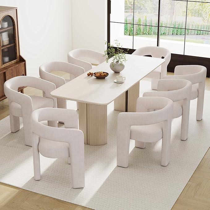 Modern Barrel Dining Chairs Set of 8, Linen Upholstered Accent Side Chair with Arms Comfy Makeup Vanity Chairs, Dining Living Room Kitchen Chairs, Beige