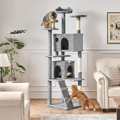 Yaheetech Tall Cat Tree, 80in Multi-Level Cat Tower with Scratching Posts, Double Caves, Perched Platforms and Dangling Balls, Pet Stand House for Kittens, Light Gray