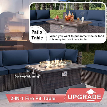 Kurapika 7 Pieces Patio Furniture Set, Rattan Wicker Outdoor Conversation Sets w/43in Propane Fire Pit Table and 4 Inch Cushion(Black)