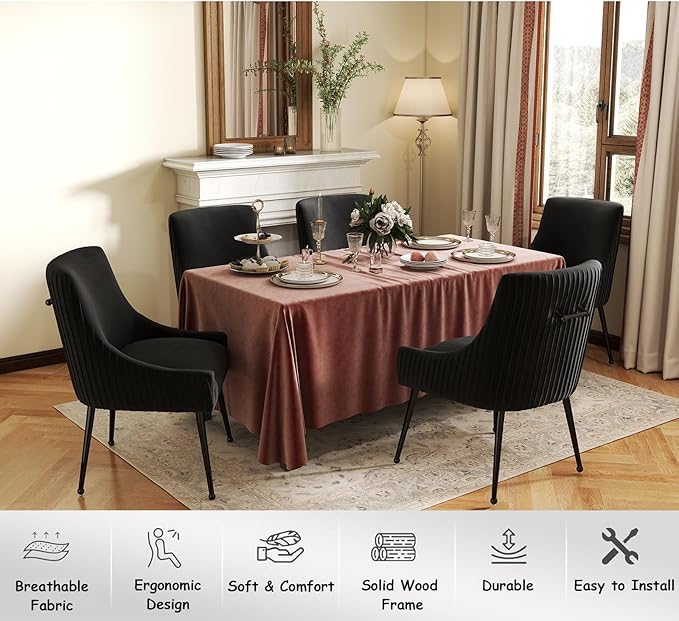 Velvet Dining Chairs Set of 2,Black Upholstered Living Room Chairs with Black Metal Legs, Modern Tufted Accent Chairs for Living Room, Study Room, Kitchen