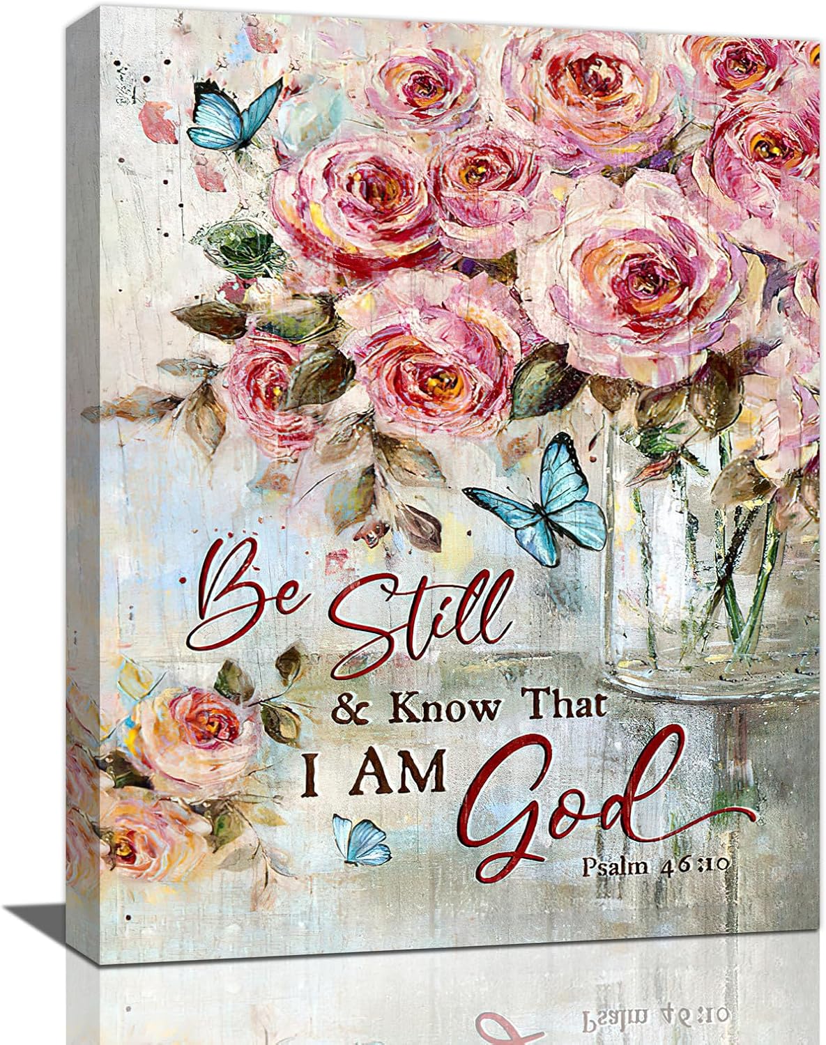 Farmhouse Rose Wall Art Christian Scripture Pictures Pink Rose Wall Decor Rustic Floral Butterfly Canvas Print Painting Artwork for Bathroom Living Room Bedroom 12"x16"
