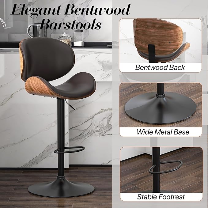 Adjustable Swivel Bar Stools 1 PC, Modern Bentwood Barstool with Large Metal Base and Footrest, PU Leather Upholstered Bar Chair with Curved Back for Kitchen Island Dining Room, Brown