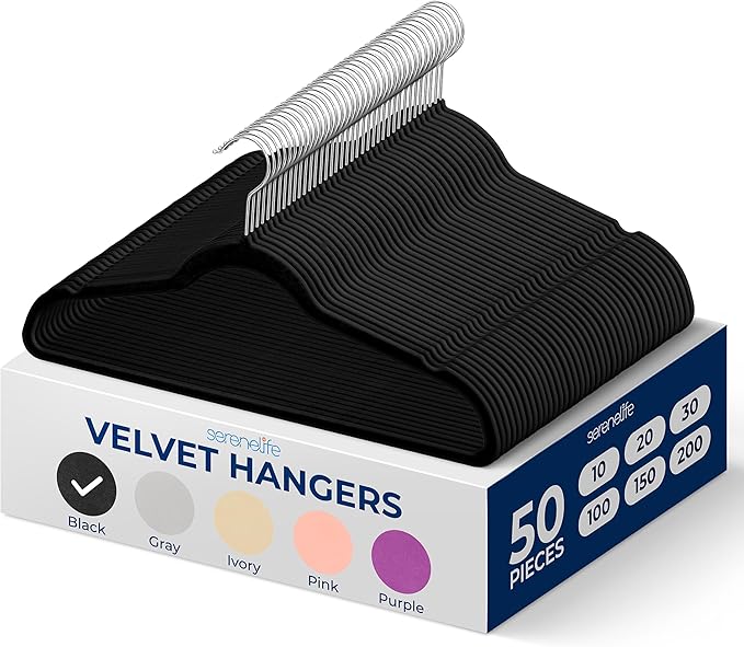 SereneLife Premium Non-Slip Velvet Hangers-Space Saving Heavy Duty Slim Suit Clothes Hanger Set with 360 Degree Swivel Metal Hook,Can Hold Up to 10 Lbs.for Coats, Jackets,Pants & Dress (50-Pack),Black