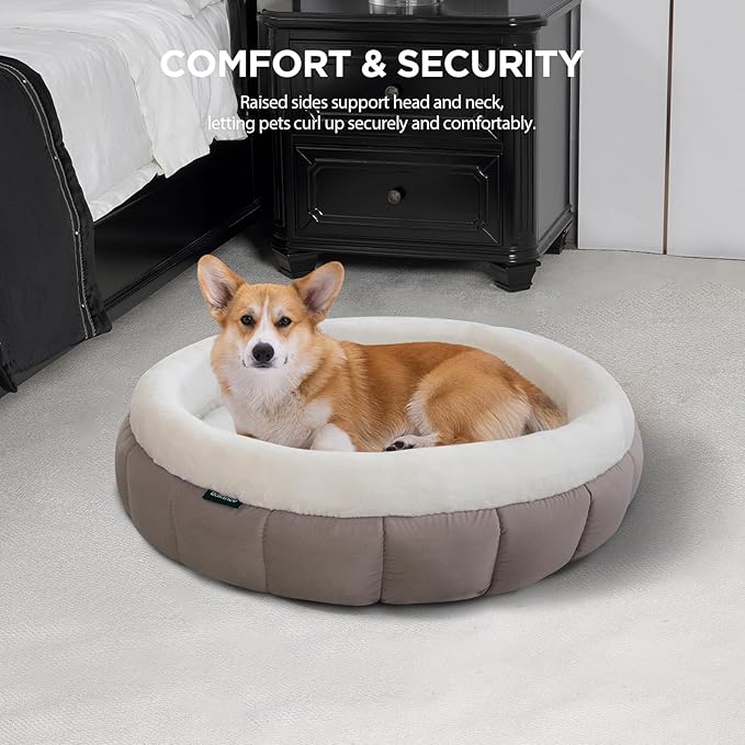 BALANCE Cat Beds for Indoor Cats, Washable Round Dog Bed, Donut Dog Bed with Anti-Slip Bottom for Small Dogs, 28 Inches, Goat
