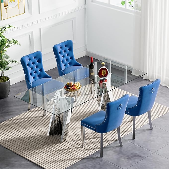 Goujxcy 70" Glass Dining Table Set for 4, Modern Silver Dining Table Set with 4 Blue Velvet Upholstered Dining Chairs, 5 Piece Kitchen Dining Room Table Set with Stainless Steel Legs