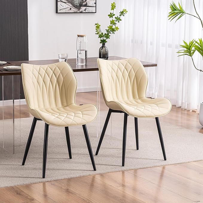 Kidol & Shellder Modern Dining Chairs Set of 2 Comfy Dining Room Chairs with Thick Cushions PU Leather Upholstered Kitchen Side Chairs with Metal Legs Beige