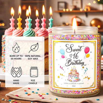 Sweet 16 Birthday Candles for Women - 9 oz Happy Birthday Candle with Vanilla Birthday Cake Scent, Gifts for Women & Men, Friendship Ideas