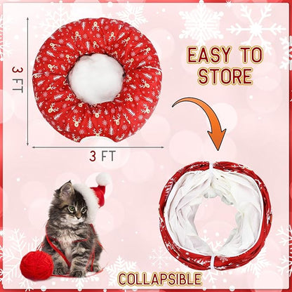 Christmas Cat Tunnel Bed for Indoor Cats Under Christmas Tree Skirt Tube with Hanging Ball Plush Cat Cave, Washable Holiday Pet Gift Toy & Gift for Kittens(Elk)
