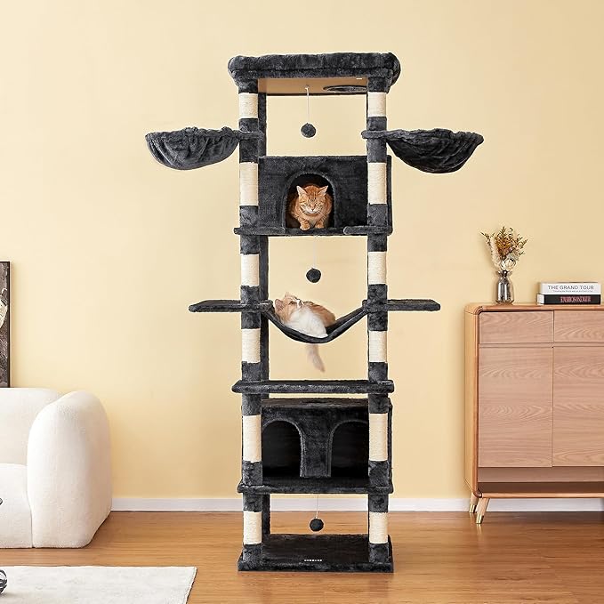MWPO Extra Large Cat Tree, 77.6-Inch Tall Cat Tower for Indoor Cats with 2 Condos, Multi-Level Cat Stand for Large Cats, 3 Hammocks, Wide Perch, Scratching Posts, Dangling Toys, Smoky Grey