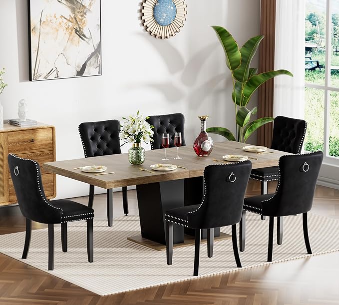 Goujxcy 7-Piece Extendable Dining Table Set for 6-8 People 63-78 Inch Kitchen Table Set with 6 Velvet Upholstered Chairs Farmhouse Rectangular Dining Room Table Set for Kitchen Dining Room Apartment
