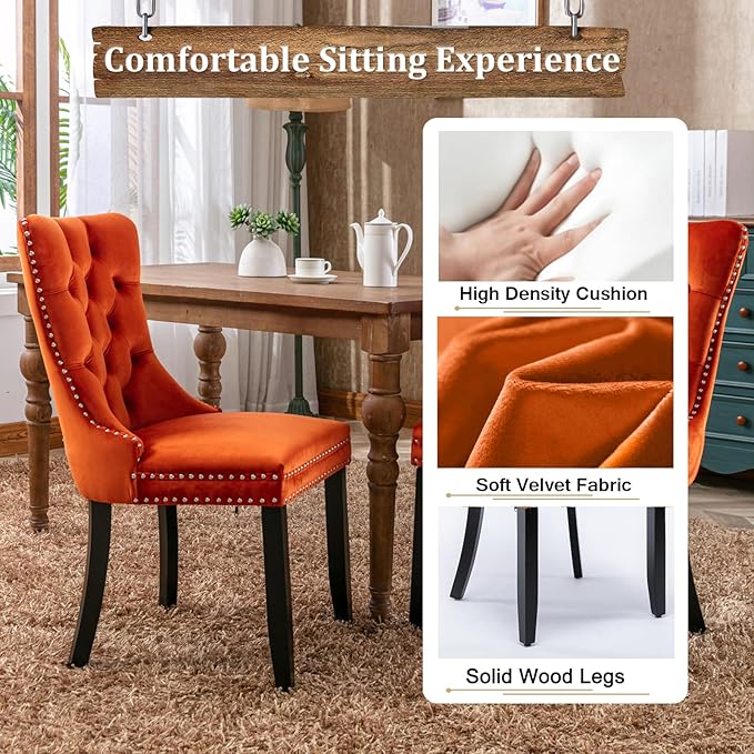 Goujxcy 78.7" Farmhouse Extendable Dining Room Table Set for 4, 5-Piece Rectangle Kitchen Dining Room Table Set with Wood Base and 4 Orange Velvet Dining Chairs, Extending Kitchen & Dining Table Set