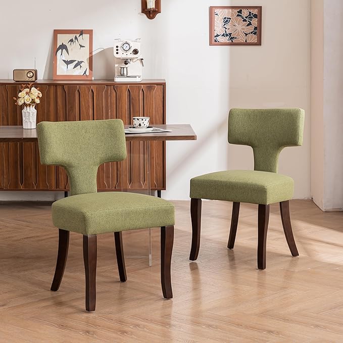 Mid Century Modern Dining Chairs Set of 2, Upholstered Side Dining Chairs with Curved Back Linen Fabric Armless Wood Chairs Kitchen & Dining Room Farmhouse Chairs (Green)