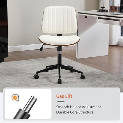 Small Home Office Chair - Armless Mid Back Desk Chair with 360° Swivel and Wheels, PU Upholstered Height Adjustable Modern Walnut Computer Chair for Home, Office Meeting Room - White